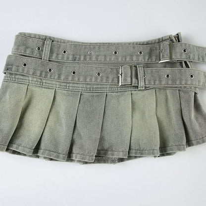 Denim belt pleated A line mini skirt