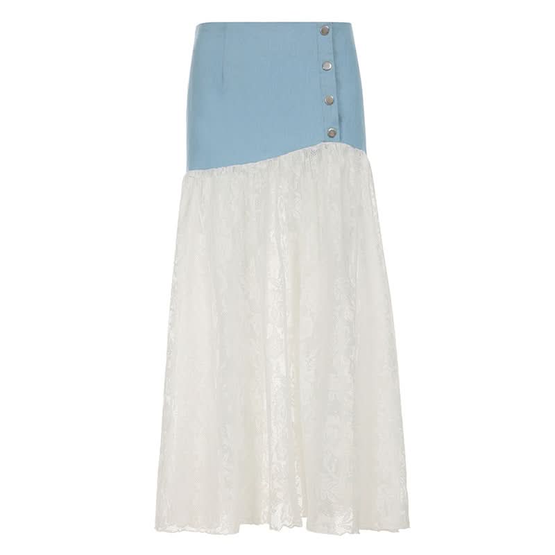 Denim lace patchwork button maxi skirt