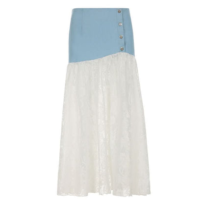 Denim lace patchwork button maxi skirt