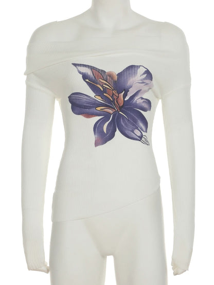 Off shoulder long sleeve flower print top