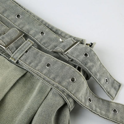 Denim belt pleated A line mini skirt