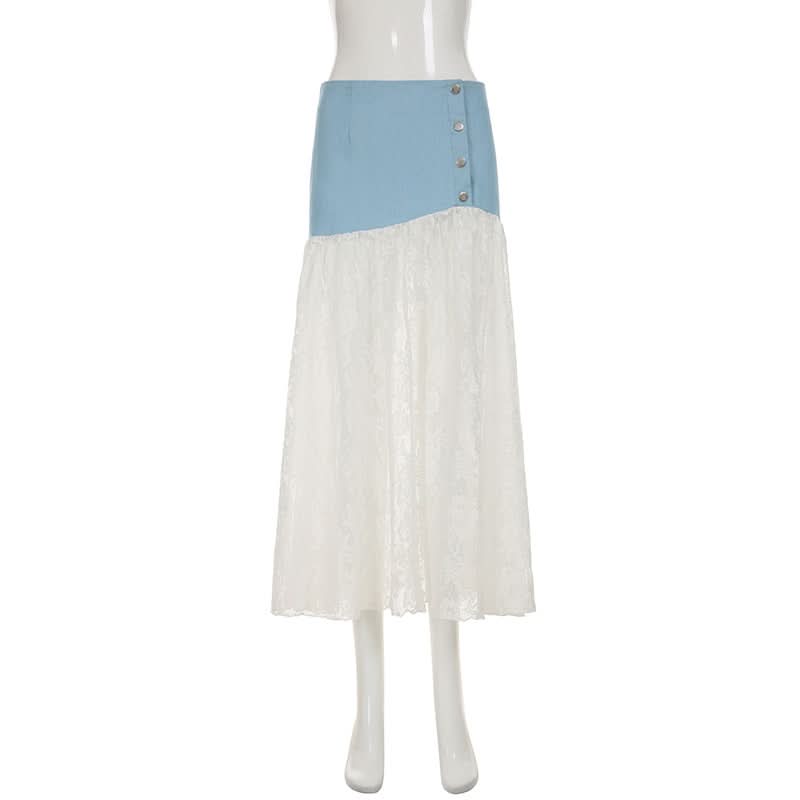 Denim lace patchwork button maxi skirt