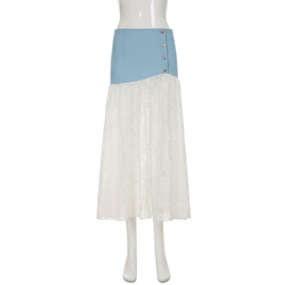 Denim lace patchwork button maxi skirt