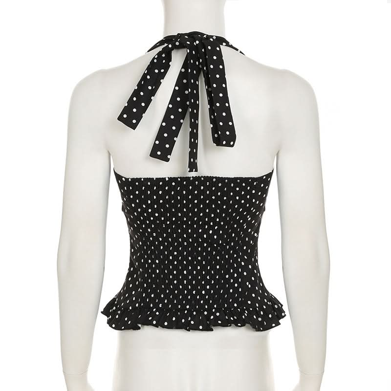 Polka dot halter smocked ruffle top