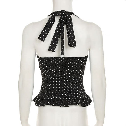 Polka dot halter smocked ruffle top
