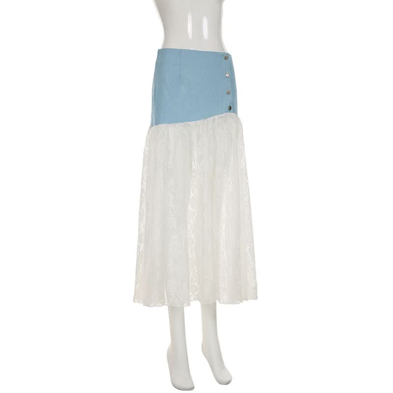 Denim lace patchwork button maxi skirt
