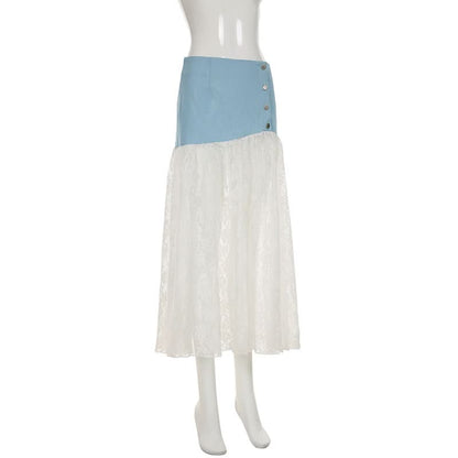 Denim lace patchwork button maxi skirt