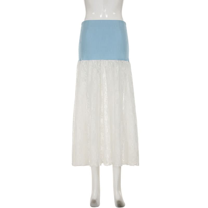 Denim lace patchwork button maxi skirt