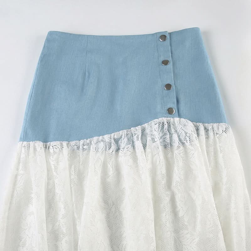 Denim lace patchwork button maxi skirt