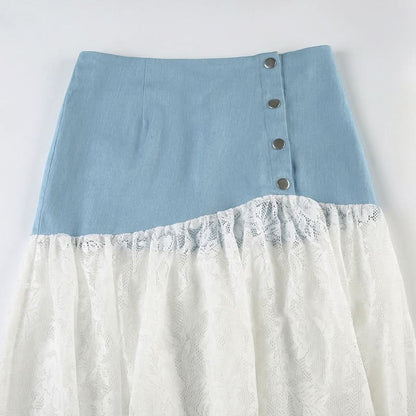 Denim lace patchwork button maxi skirt