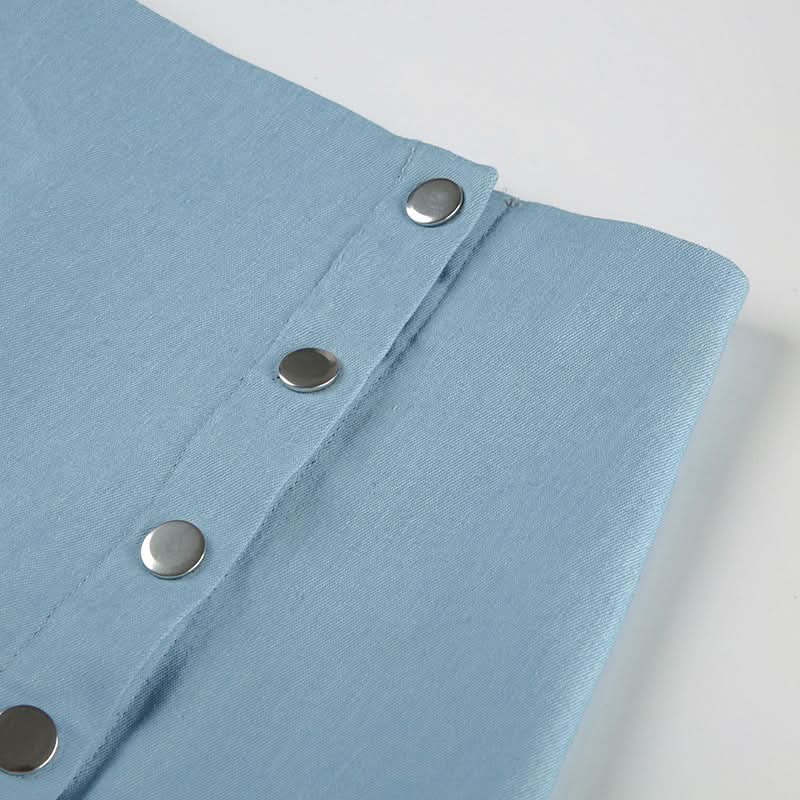 Denim lace patchwork button maxi skirt