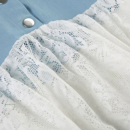 Denim lace patchwork button maxi skirt