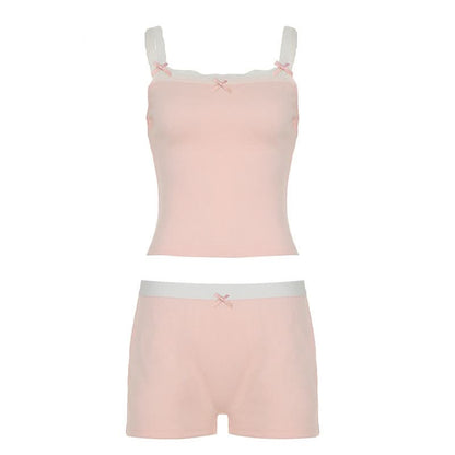 Bowknot lace hem cami short pant set
