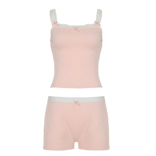 Bowknot lace hem cami short pant set