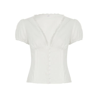 Puff sleeve v neck ruched button lace hem top