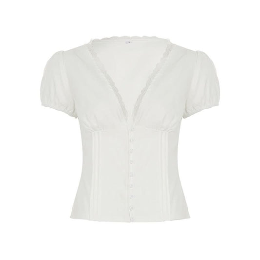 Puff sleeve v neck ruched button lace hem top