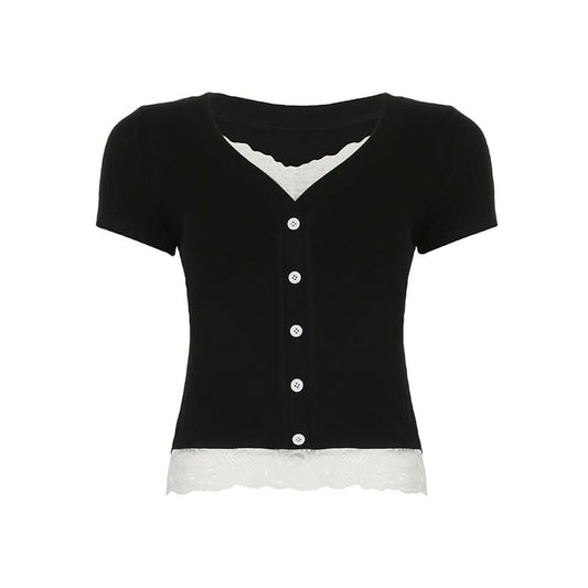 Short pant v neck lace hem button top