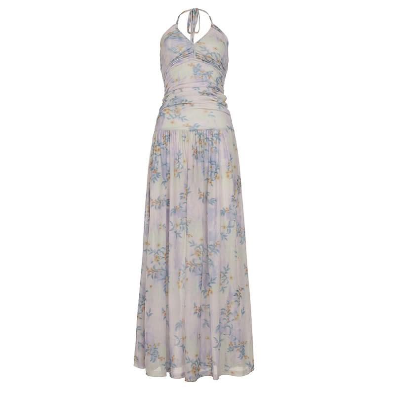 Halter ruched flower print maxi dress