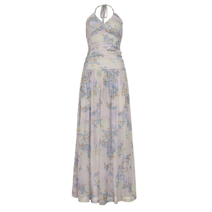 Halter ruched flower print maxi dress