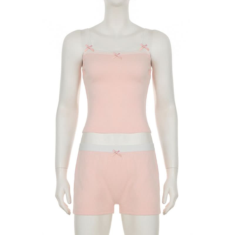 Bowknot lace hem cami short pant set