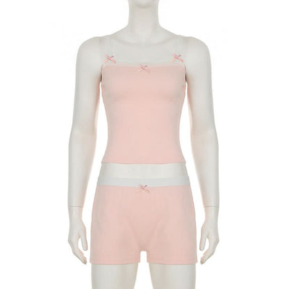 Bowknot lace hem cami short pant set