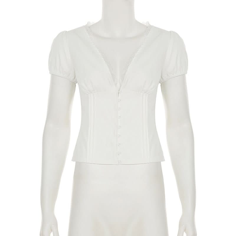 Puff sleeve v neck ruched button lace hem top