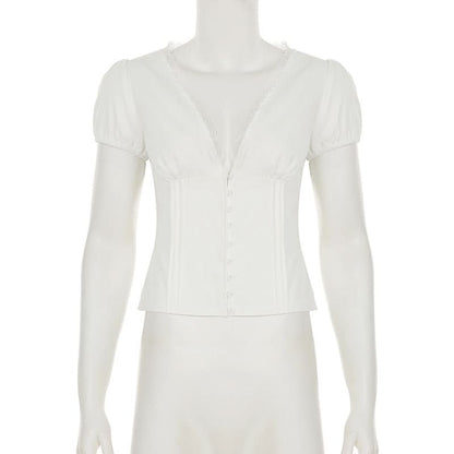 Puff sleeve v neck ruched button lace hem top