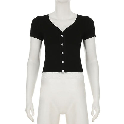 Short pant v neck lace hem button top