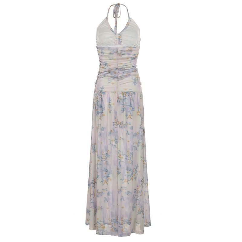 Halter ruched flower print maxi dress