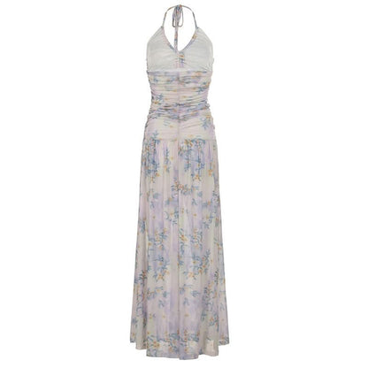 Halter ruched flower print maxi dress
