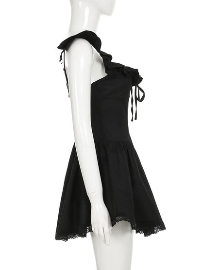 Ruffle self tie lace hem ruched cami mini dress