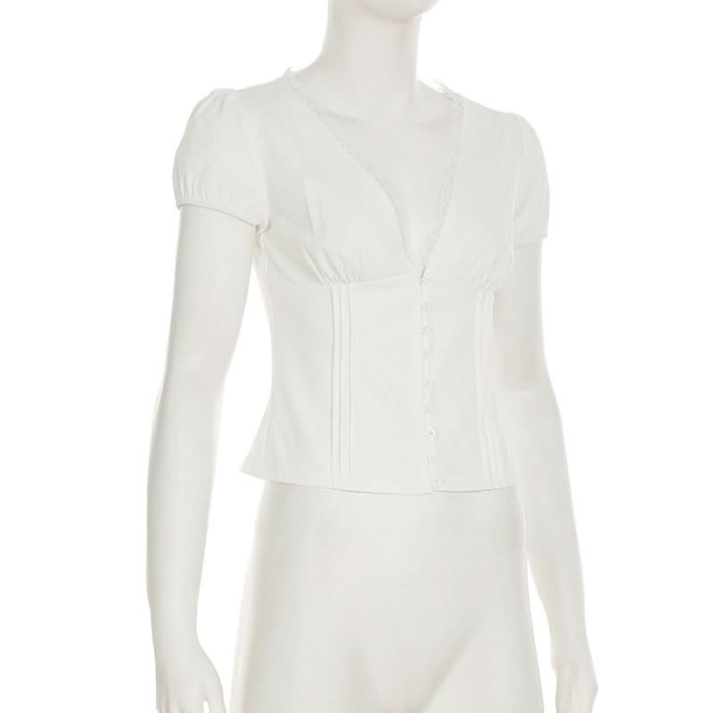 Puff sleeve v neck ruched button lace hem top