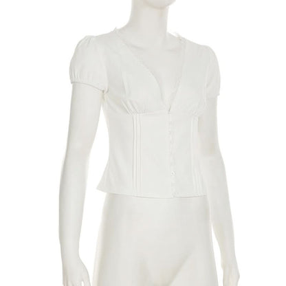 Puff sleeve v neck ruched button lace hem top