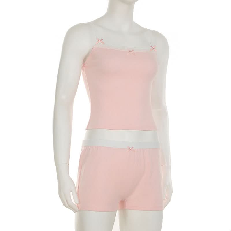 Bowknot lace hem cami short pant set