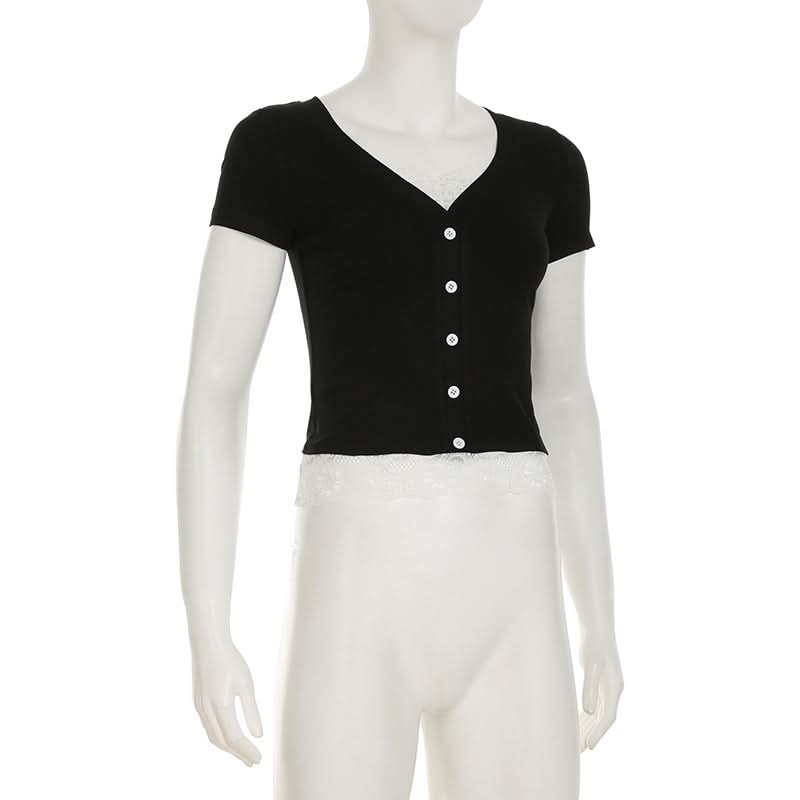 Short pant v neck lace hem button top