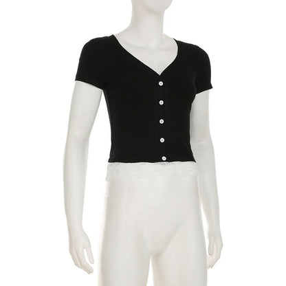 Short pant v neck lace hem button top