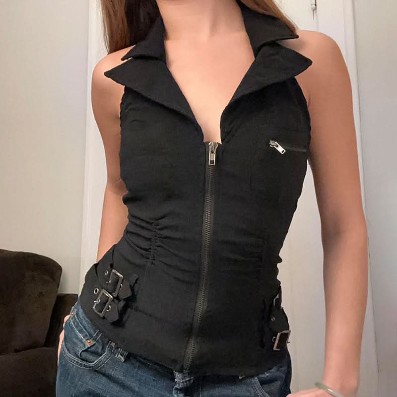 Turnover collar buckle zip-up top