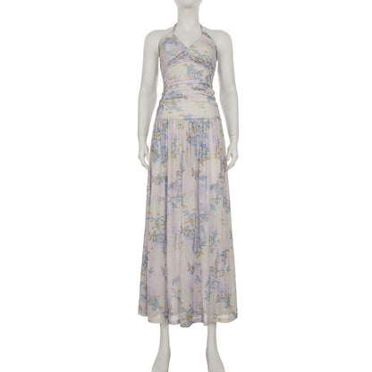 Halter ruched flower print maxi dress
