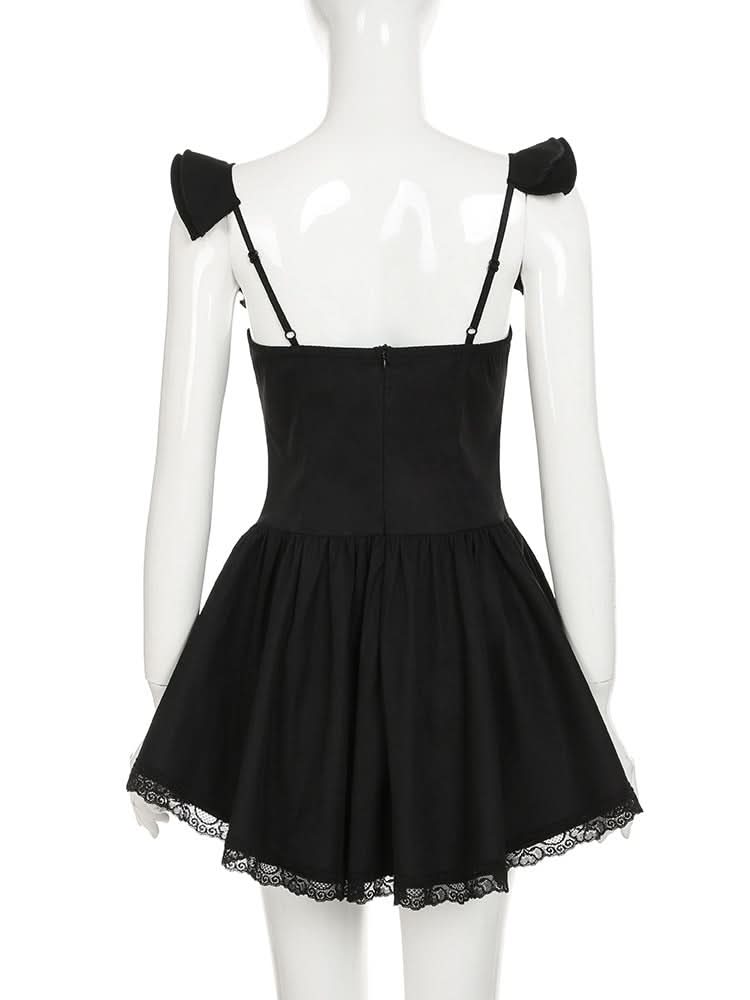 Ruffle self tie lace hem ruched cami mini dress