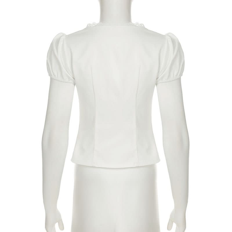 Puff sleeve v neck ruched button lace hem top