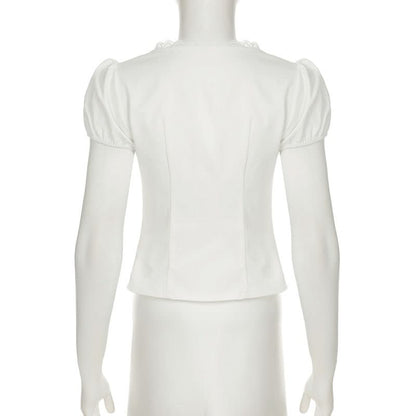 Puff sleeve v neck ruched button lace hem top