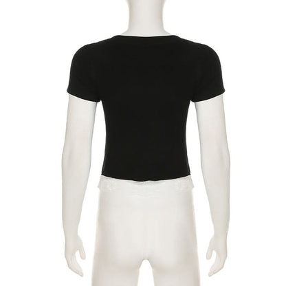 Short pant v neck lace hem button top