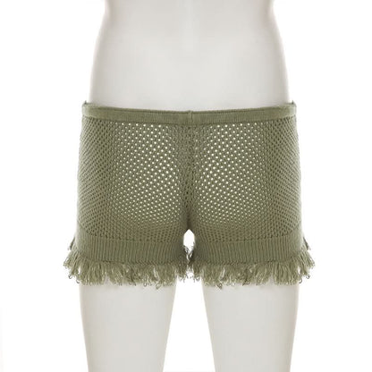 Knitted hollow out raw hem short pant