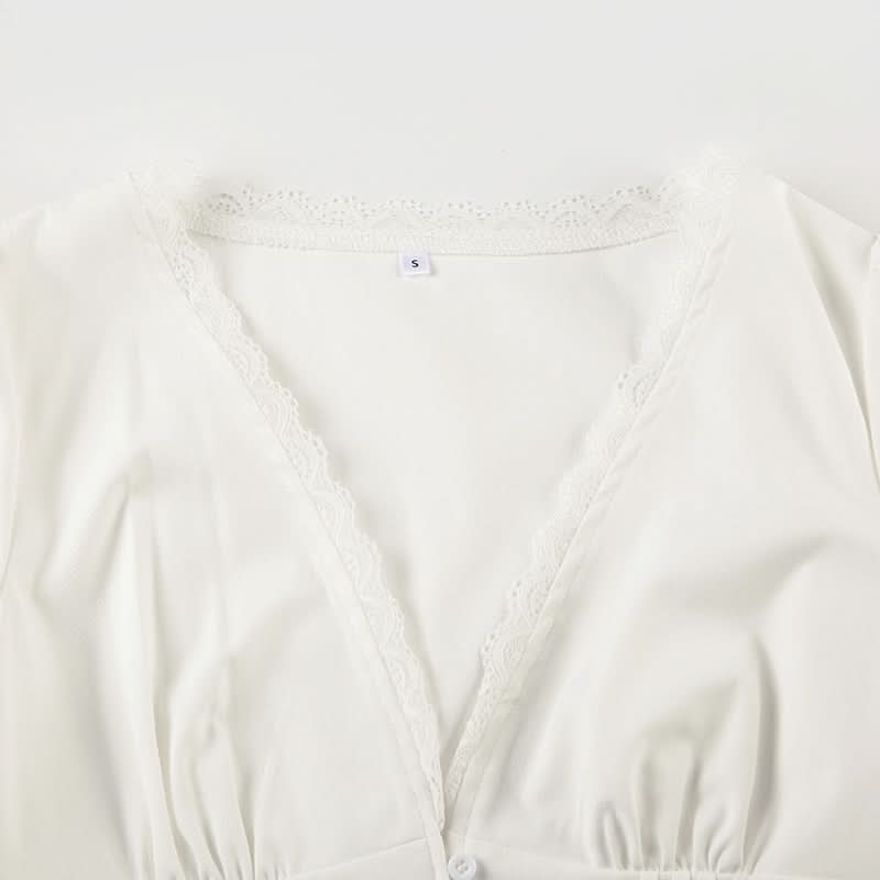 Puff sleeve v neck ruched button lace hem top