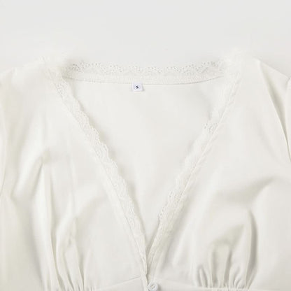 Puff sleeve v neck ruched button lace hem top