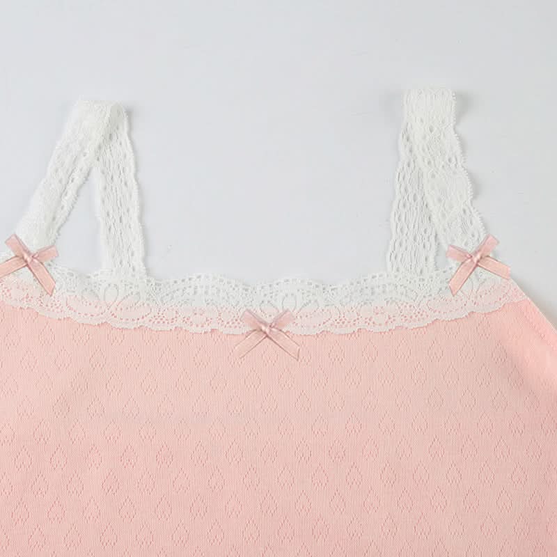 Bowknot lace hem cami short pant set
