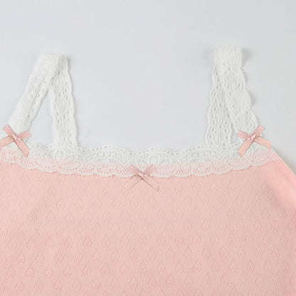 Bowknot lace hem cami short pant set