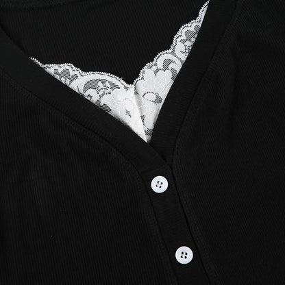 Short pant v neck lace hem button top