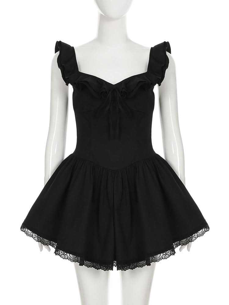 Ruffle self tie lace hem ruched cami mini dress
