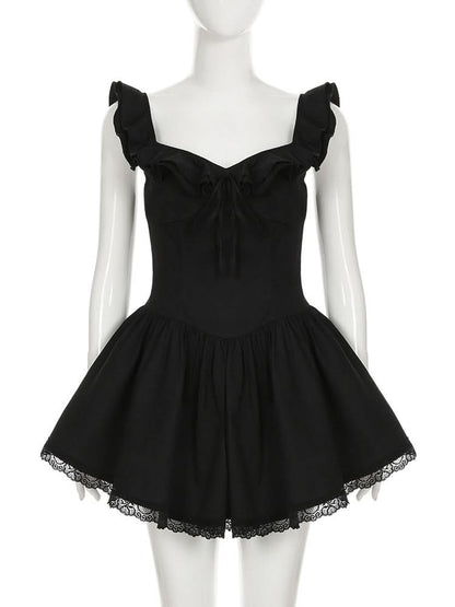 Ruffle self tie lace hem ruched cami mini dress